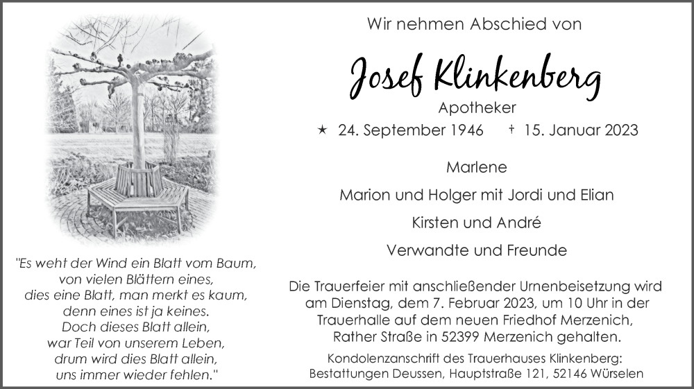  Traueranzeige für Josef Klinkenberg vom 29.01.2023 aus Zeitung am Sonntag