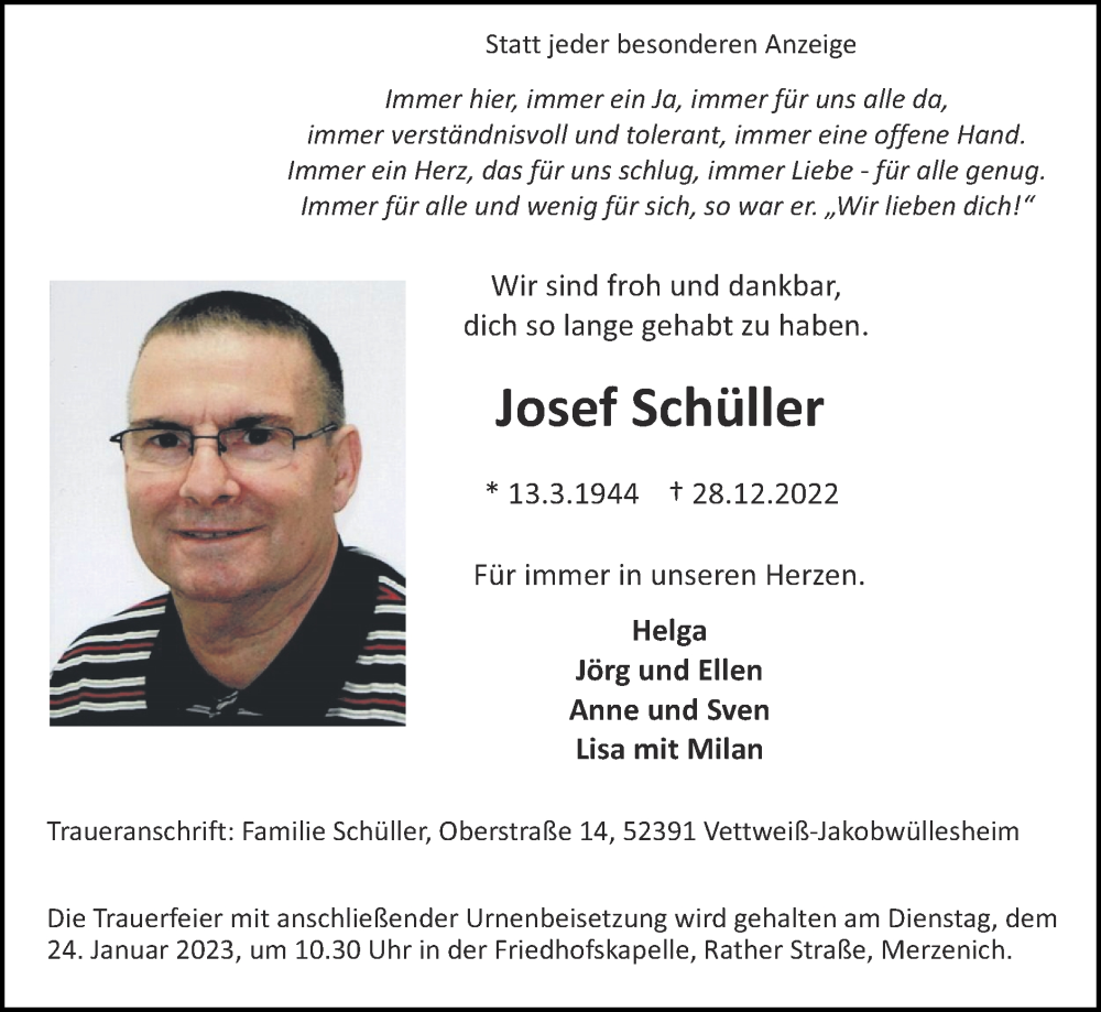 Traueranzeigen von Josef Schüller | Aachen gedenkt