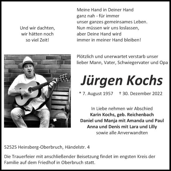 Traueranzeige von Jürgen Kochs von Zeitung am Sonntag