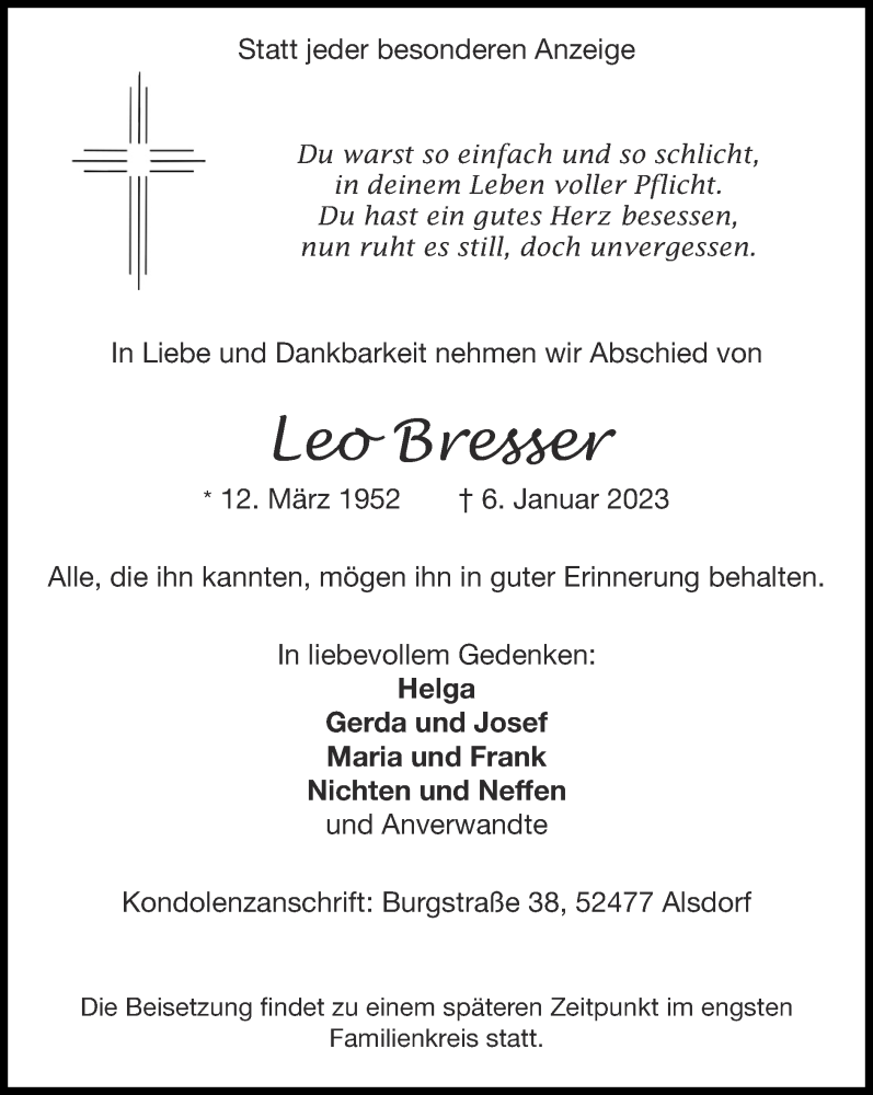  Traueranzeige für Leo Bresser vom 15.01.2023 aus Zeitung am Sonntag