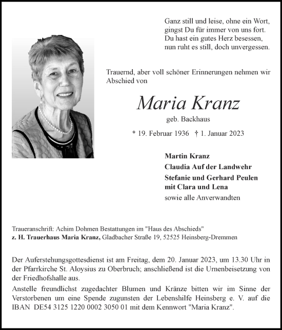 Traueranzeige von Maria Kranz von Zeitung am Sonntag