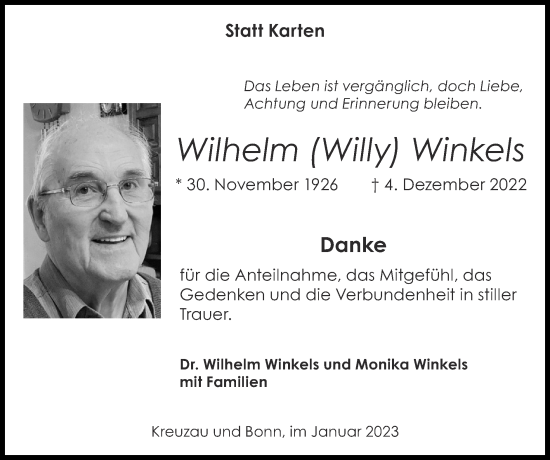 Traueranzeige von Wilhelm Winkels von Zeitung am Sonntag