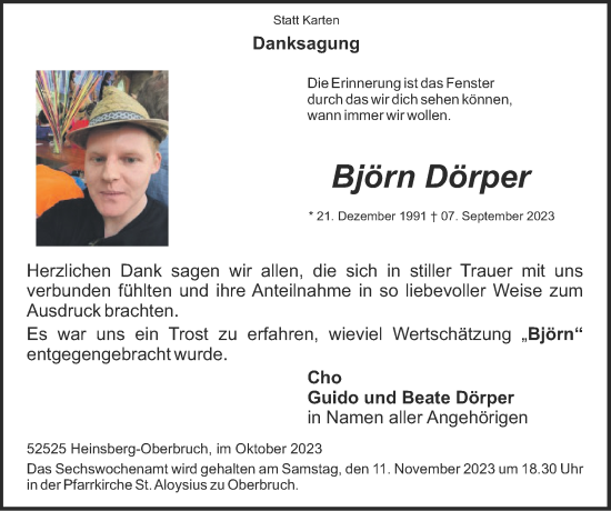 Traueranzeige von Björn Dörper von Zeitung am Sonntag