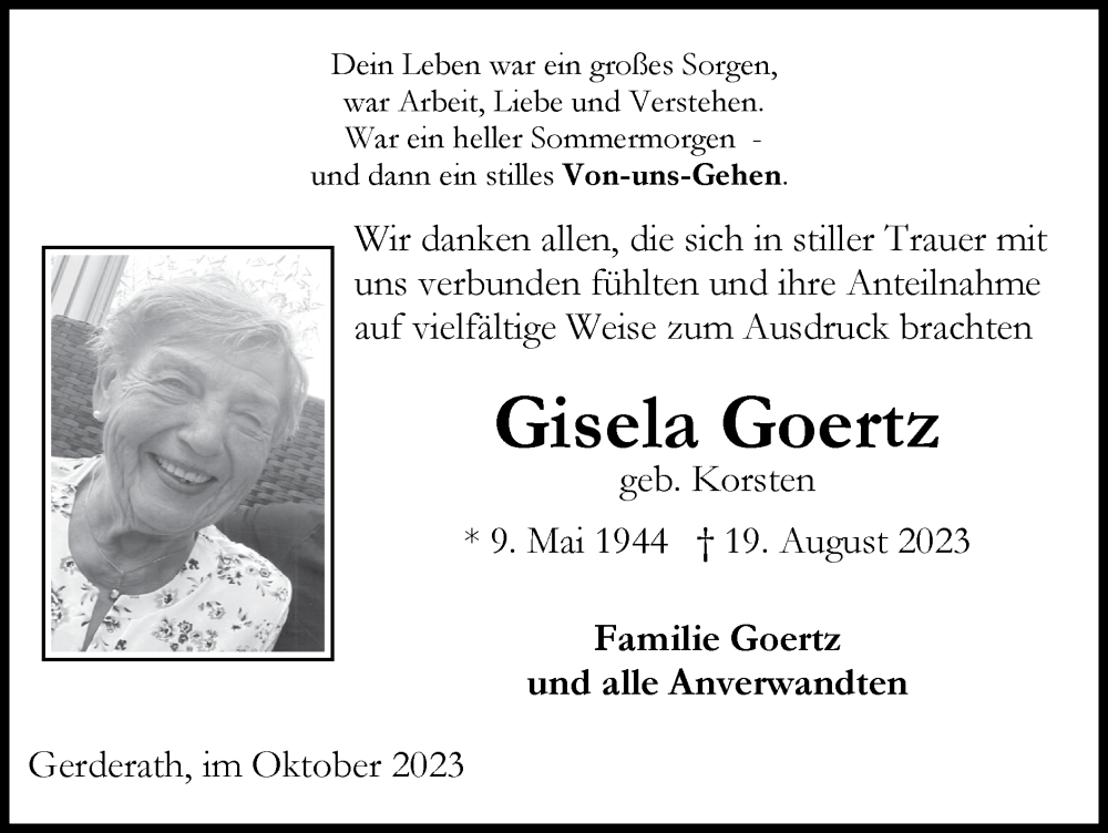 Traueranzeigen von Gisela Goertz | Aachen gedenkt