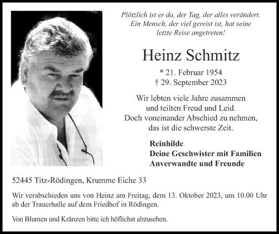 Traueranzeige von Heinz Schmitz von Zeitung am Sonntag