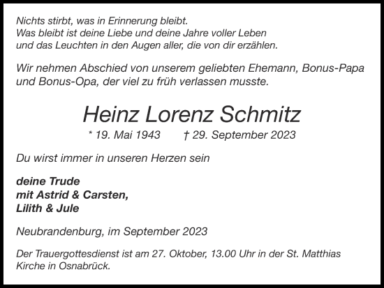 Traueranzeige von Heinz Schmitz von Zeitung am Sonntag