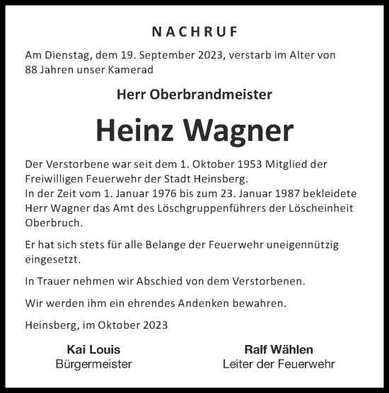 Traueranzeige von Heinz Wagner von Zeitung am Sonntag