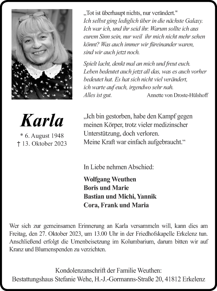  Traueranzeige für Karla  vom 22.10.2023 aus Zeitung am Sonntag