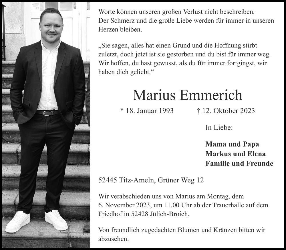  Traueranzeige für Marius Emmerich vom 22.10.2023 aus Zeitung am Sonntag