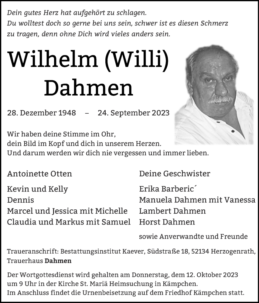  Traueranzeige für Wilhelm Dahmen vom 08.10.2023 aus Zeitung am Sonntag