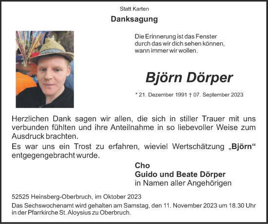 Traueranzeige von Björn Dörper von Zeitung am Sonntag