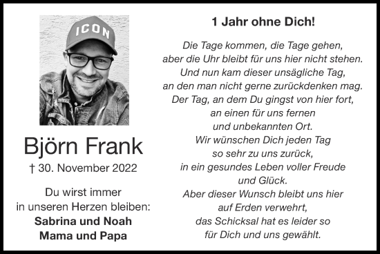 Traueranzeige von Björn Frank von Zeitung am Sonntag