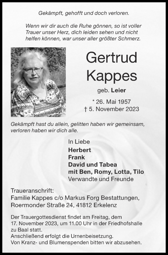 Traueranzeige von Gertrud Kappes von Zeitung am Sonntag