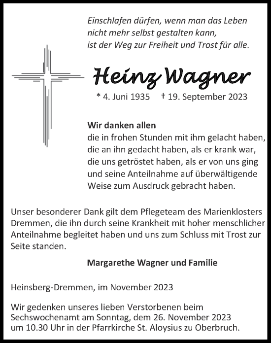 Traueranzeige von Heinz Wagner von Zeitung am Sonntag