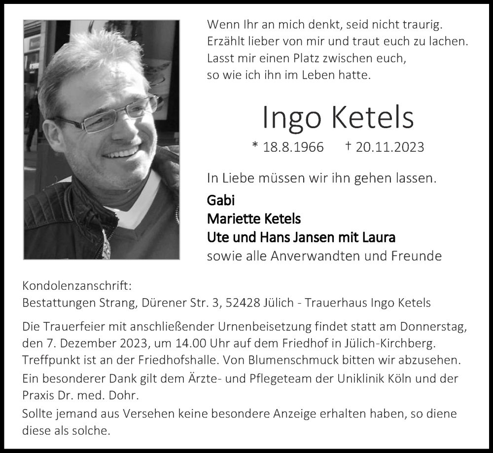  Traueranzeige für Ingo Ketels vom 26.11.2023 aus Zeitung am Sonntag