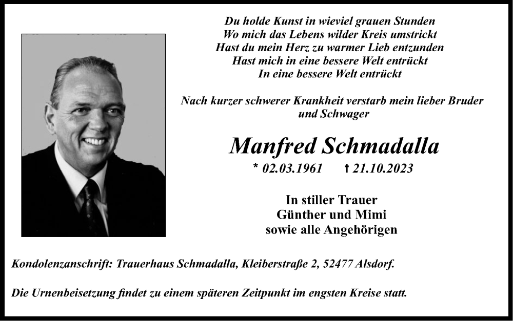  Traueranzeige für Manfred Schmadalla vom 29.10.2023 aus Zeitung am Sonntag