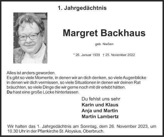 Traueranzeige von Margret Backhaus von Zeitung am Sonntag