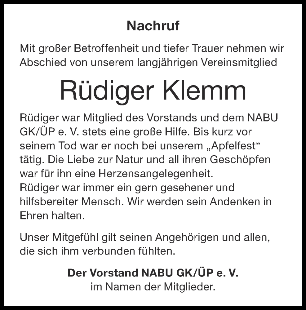  Traueranzeige für Rüdiger Klemm vom 05.11.2023 aus Zeitung am Sonntag