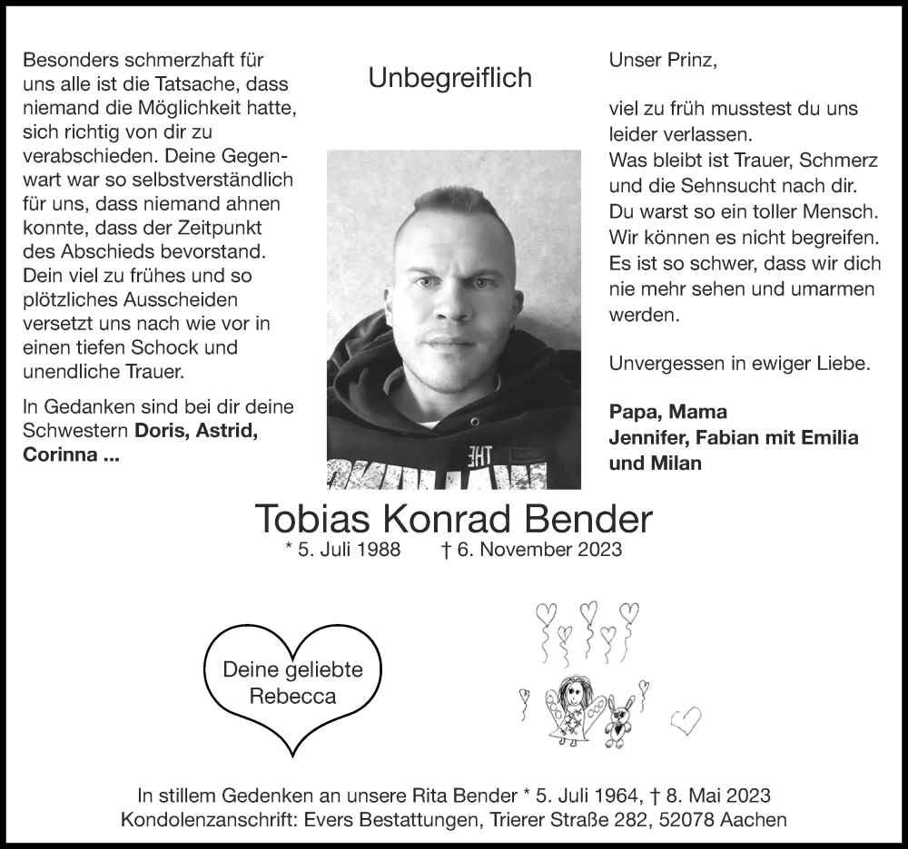  Traueranzeige für Tobias Konrad Bender vom 26.11.2023 aus Zeitung am Sonntag