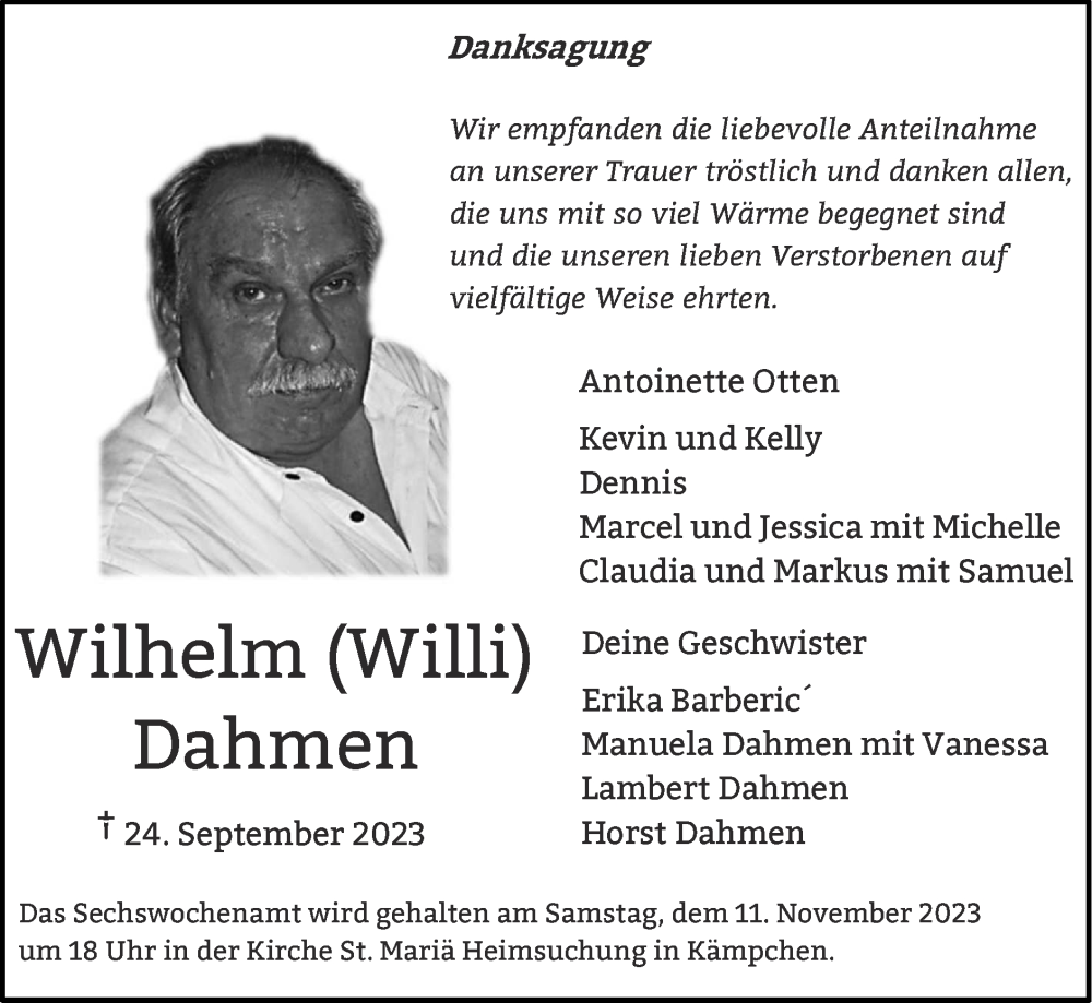  Traueranzeige für Wilhelm Dahmen vom 05.11.2023 aus Zeitung am Sonntag