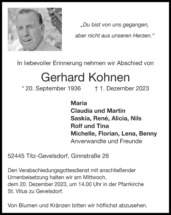 Traueranzeige von Gerhard Kohnen von Zeitung am Sonntag