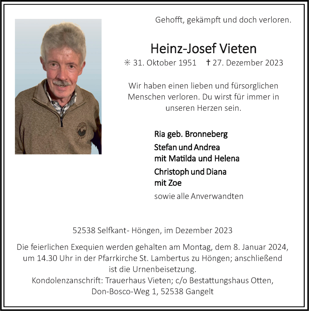  Traueranzeige für Heinz-Josef Vieten vom 31.12.2023 aus Zeitung am Sonntag