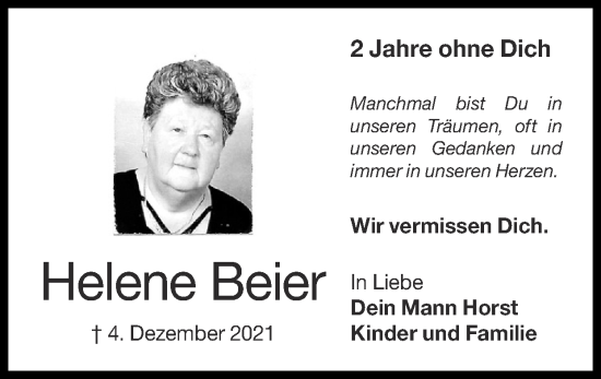 Traueranzeige von Helene Beier von Zeitung am Sonntag