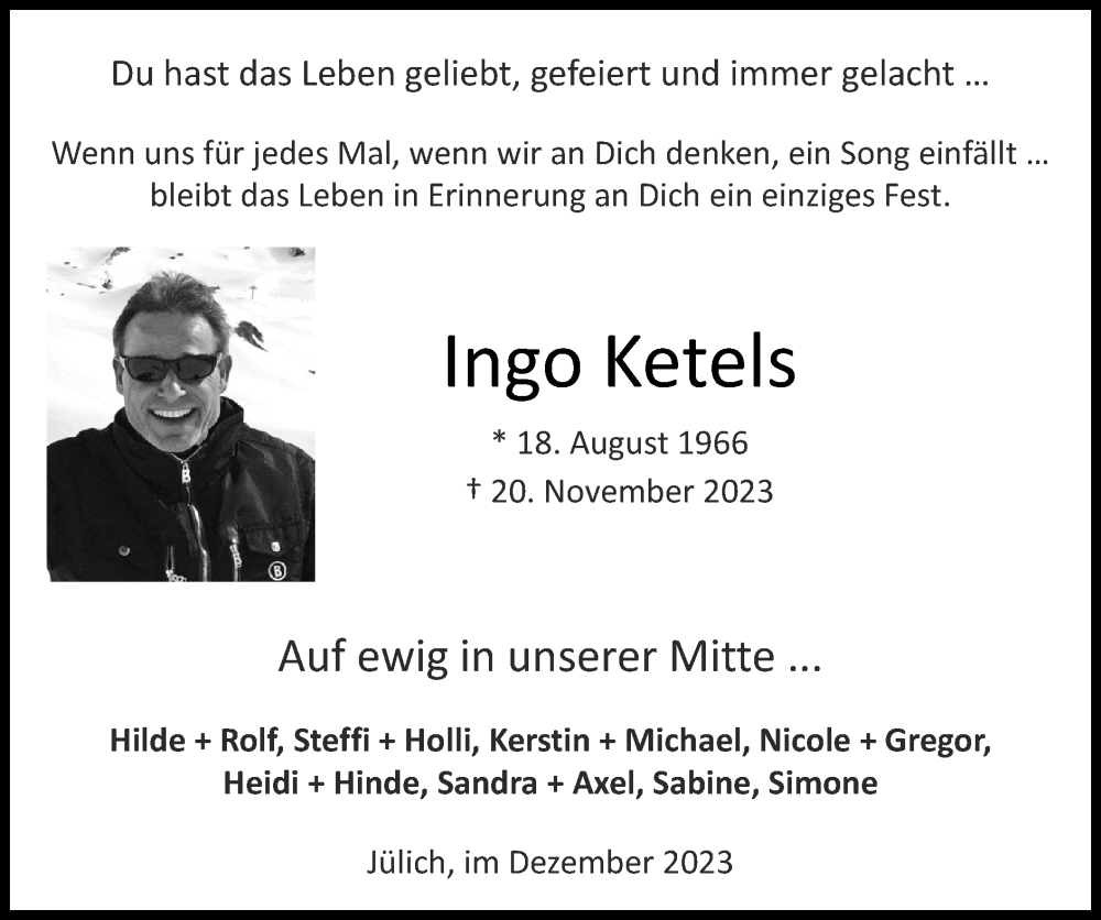  Traueranzeige für Ingo Ketels vom 03.12.2023 aus Zeitung am Sonntag