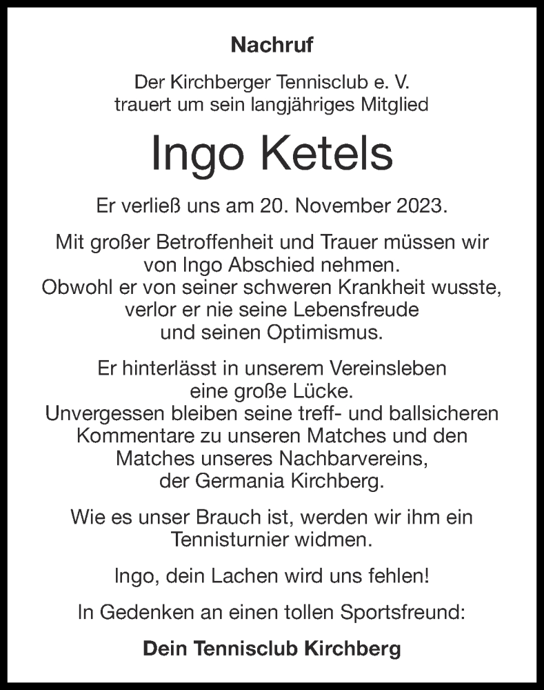  Traueranzeige für Ingo Ketels vom 17.12.2023 aus Zeitung am Sonntag