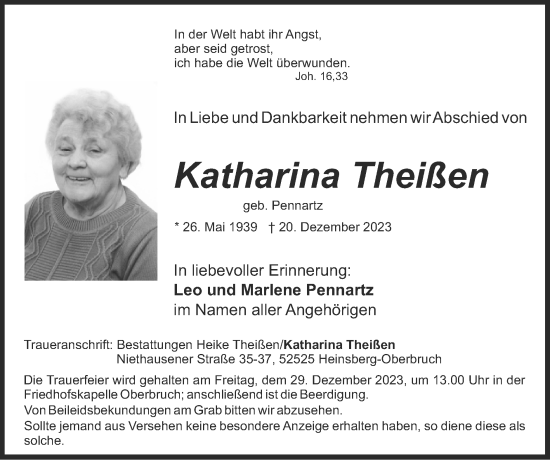 Traueranzeige von Katharina Theißen von Zeitung am Sonntag