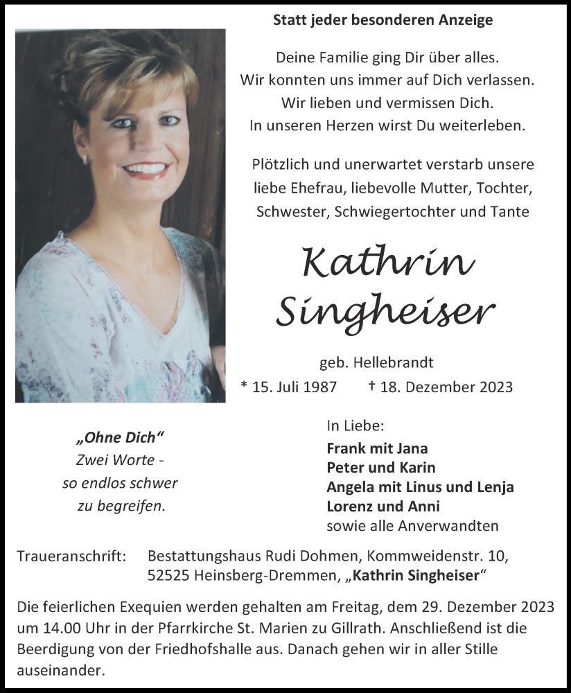  Traueranzeige für Kathrin Singheiser vom 24.12.2023 aus Zeitung am Sonntag