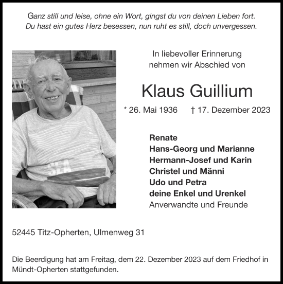 Traueranzeige von Klaus Guillium von Zeitung am Sonntag