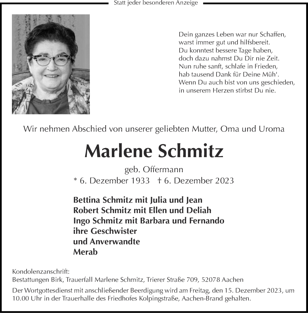  Traueranzeige für Marlene Schmitz vom 09.12.2023 aus Aachener Zeitung