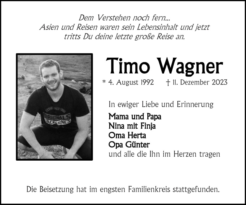  Traueranzeige für Timo Wagner vom 31.12.2023 aus Zeitung am Sonntag