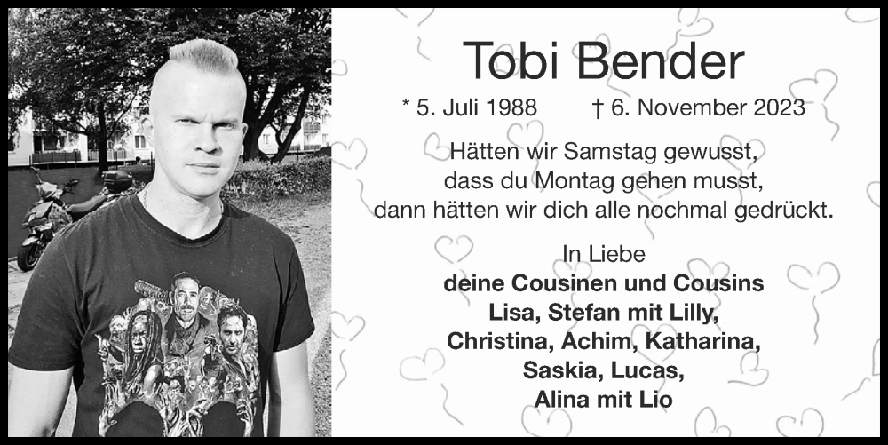  Traueranzeige für Tobias Konrad Bender vom 03.12.2023 aus Zeitung am Sonntag