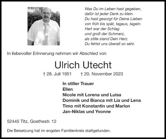 Traueranzeige von Ulrich Utecht von Zeitung am Sonntag