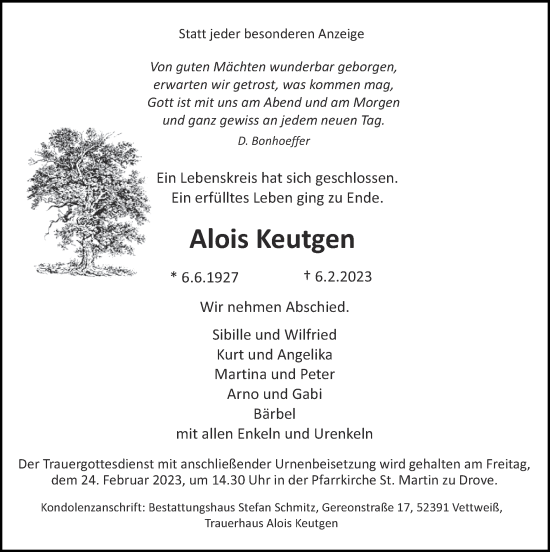 Traueranzeige von Alois Keutgen von Zeitung am Sonntag