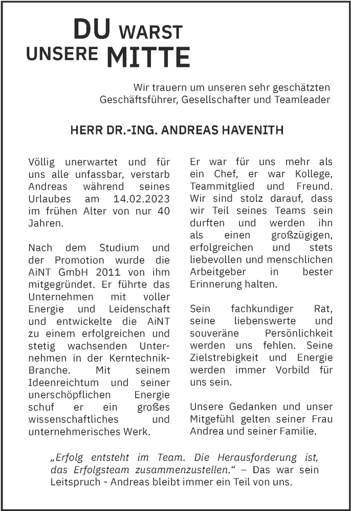  Traueranzeige für Andreas Havenith vom 26.02.2023 aus Zeitung am Sonntag