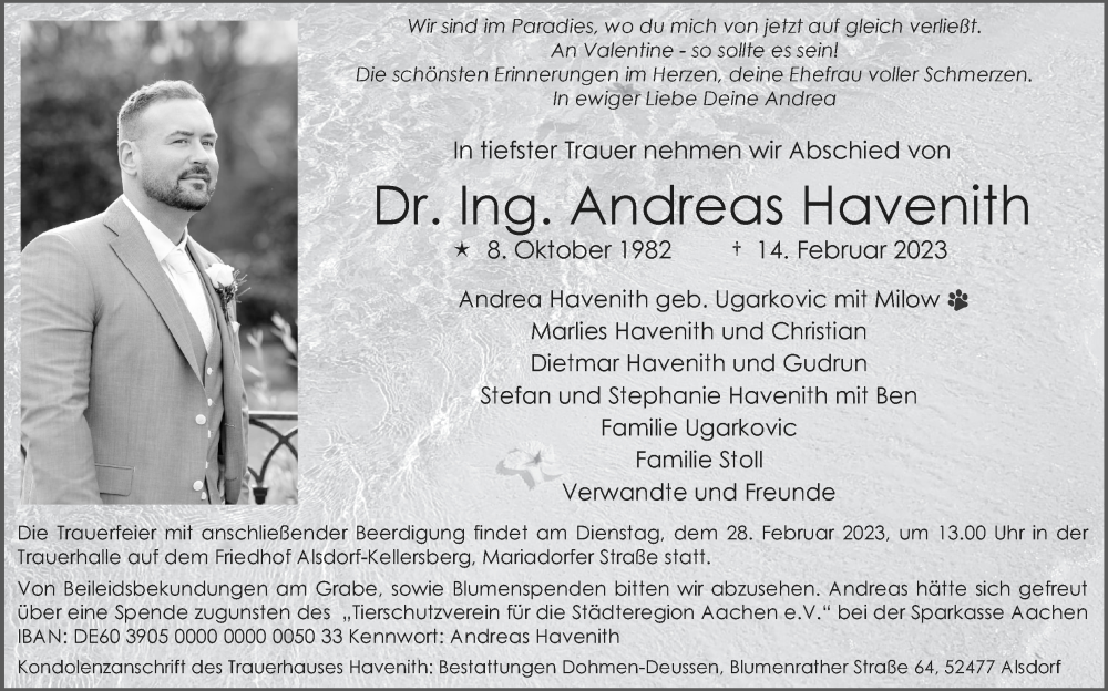  Traueranzeige für Andreas Havenith vom 26.02.2023 aus Zeitung am Sonntag