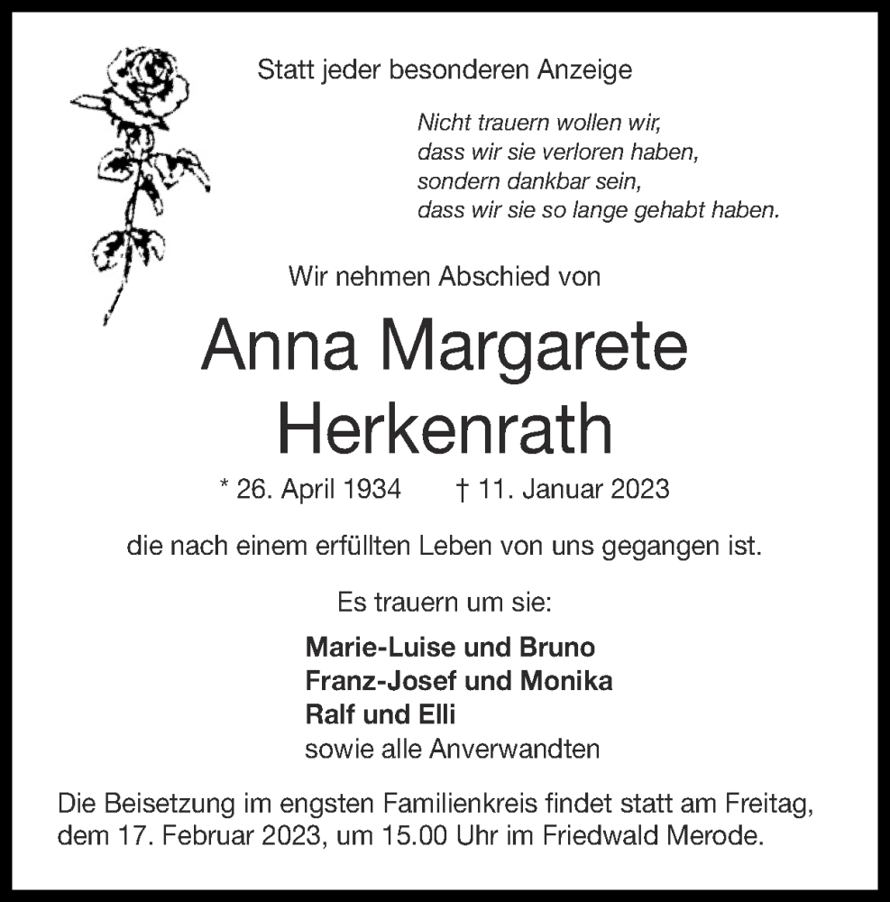 Traueranzeigen von Anna Margarete Herkenrath | Aachen gedenkt