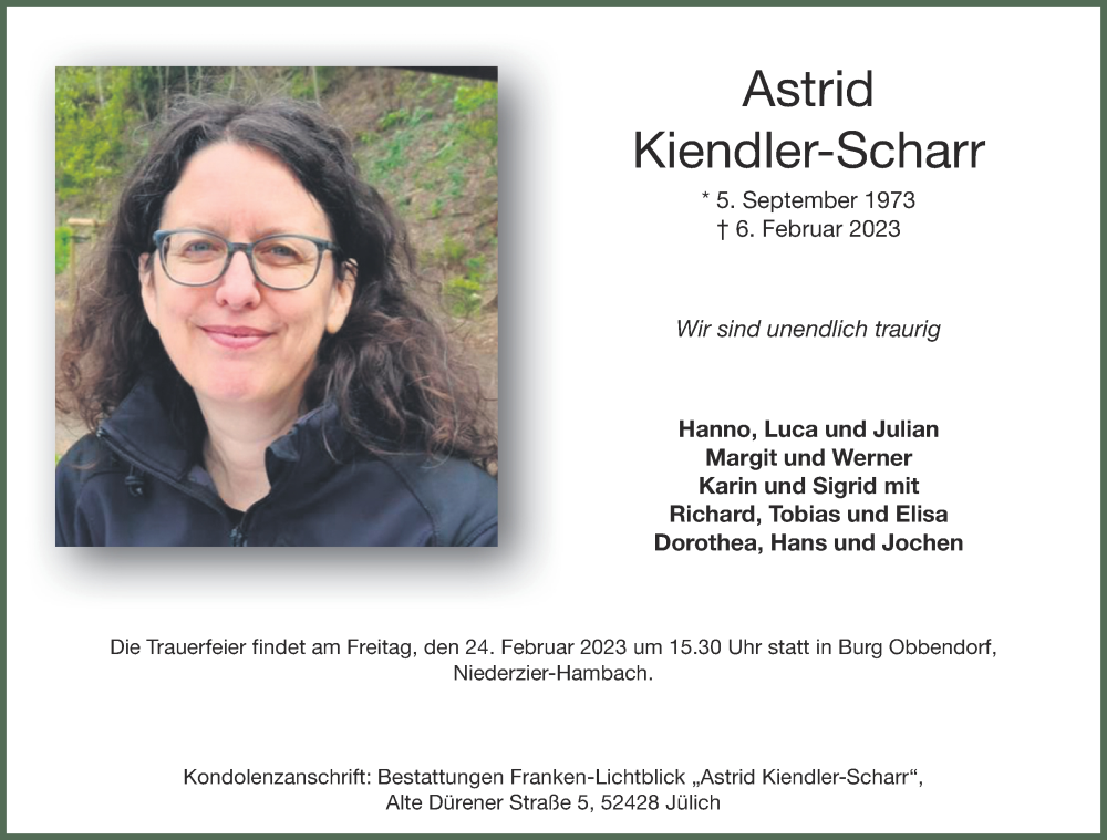  Traueranzeige für Astrid Kiendler-Scharr vom 11.02.2023 aus Aachener Zeitung / Aachener Nachrichten