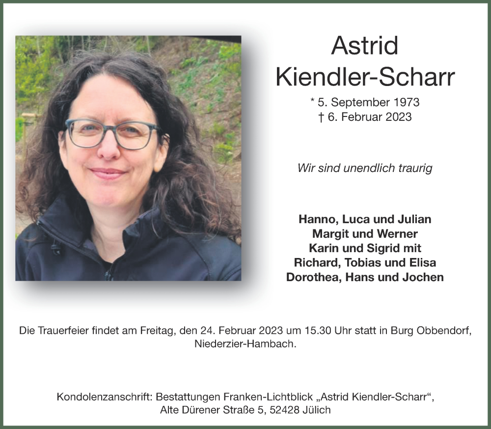  Traueranzeige für Astrid Kiendler-Scharr vom 12.02.2023 aus Zeitung am Sonntag