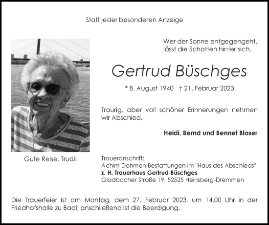 Traueranzeige von Gertrud Büschges von Zeitung am Sonntag