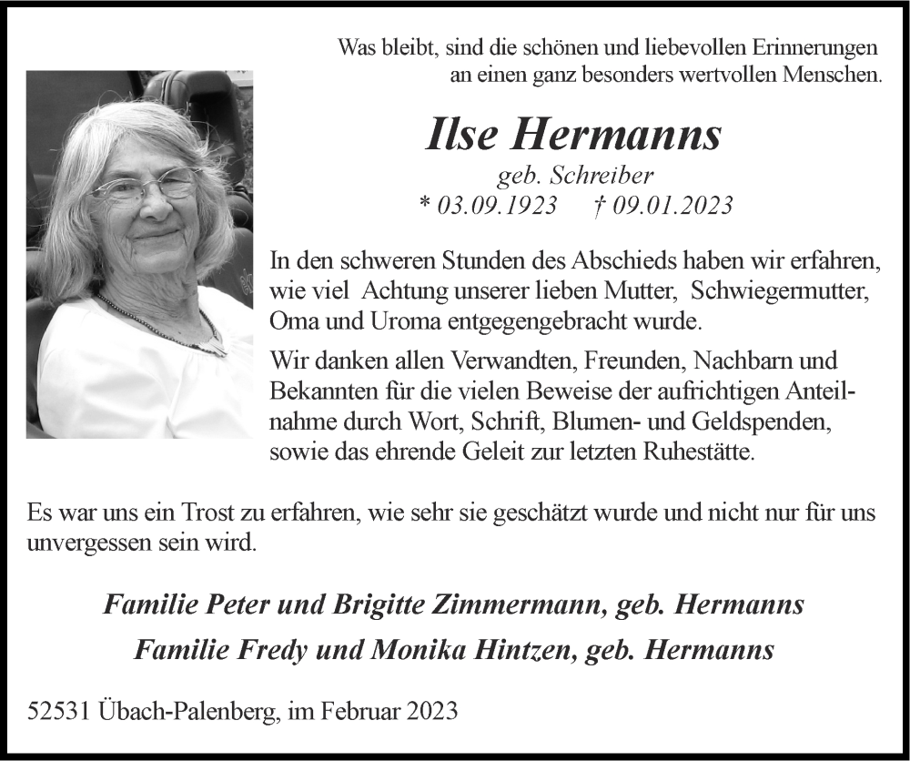 Traueranzeigen von Ilse Hermanns | Aachen gedenkt