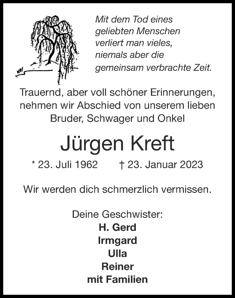  Traueranzeige für Jürgen Kreft vom 05.02.2023 aus Zeitung am Sonntag