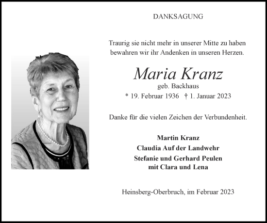 Traueranzeige von Maria Kranz von Zeitung am Sonntag