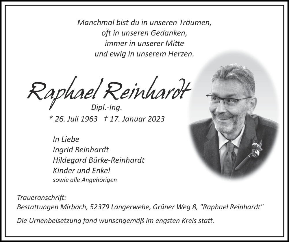  Traueranzeige für Raphael Reinhardt vom 05.02.2023 aus Zeitung am Sonntag