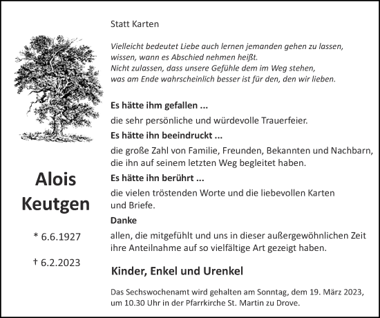 Traueranzeige von Alois Keutgen von Zeitung am Sonntag