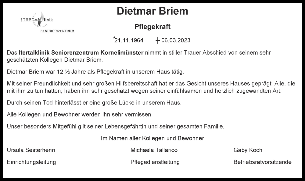  Traueranzeige für Dietmar Briem vom 12.03.2023 aus Zeitung am Sonntag