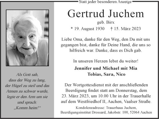 Traueranzeigen Von Gertrud Juchem | Aachen Gedenkt